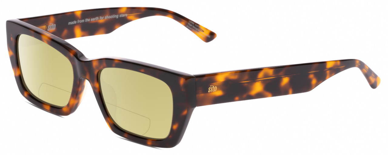 Profile View of SITO SHADES OUTER LIMITS Designer Polarized Reading Sunglasses with Custom Cut Powered Sun Flower Yellow Lenses in Honey Tortoise Havana Unisex Square Full Rim Acetate 54 mm