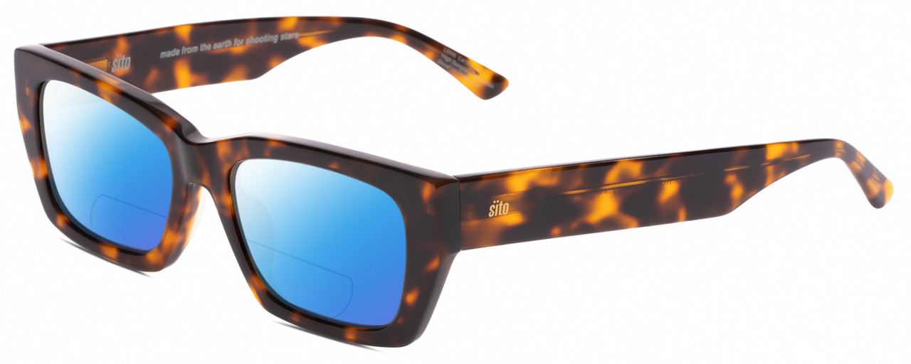 Profile View of SITO SHADES OUTER LIMITS Designer Polarized Reading Sunglasses with Custom Cut Powered Blue Mirror Lenses in Honey Tortoise Havana Unisex Square Full Rim Acetate 54 mm