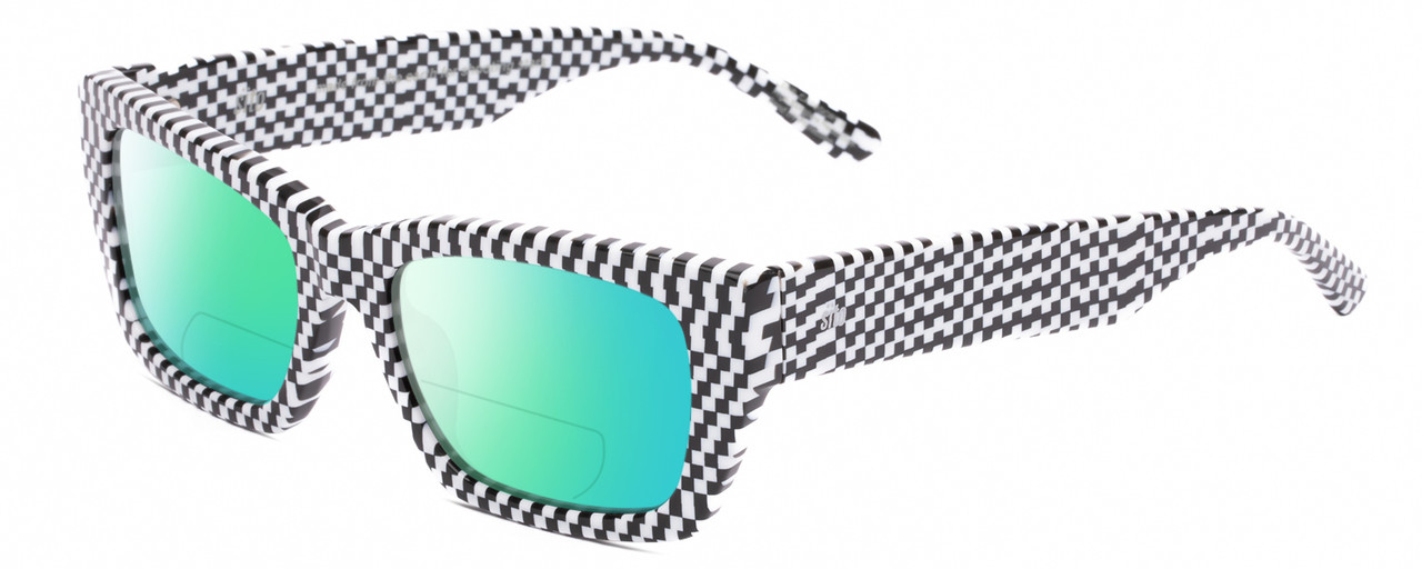 Profile View of SITO SHADES OUTER LIMITS Designer Polarized Reading Sunglasses with Custom Cut Powered Green Mirror Lenses in Optic Black White Checker Print Unisex Square Full Rim Acetate 54 mm