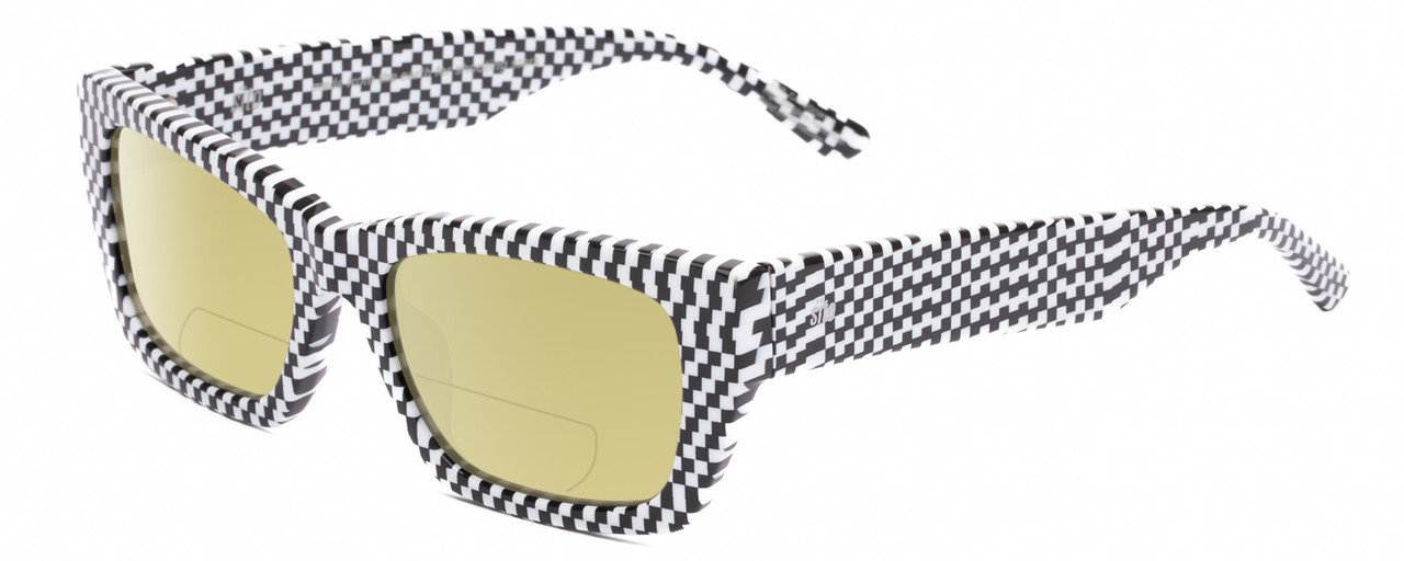 Profile View of SITO SHADES OUTER LIMITS Designer Polarized Reading Sunglasses with Custom Cut Powered Sun Flower Yellow Lenses in Optic Black White Checker Print Unisex Square Full Rim Acetate 54 mm