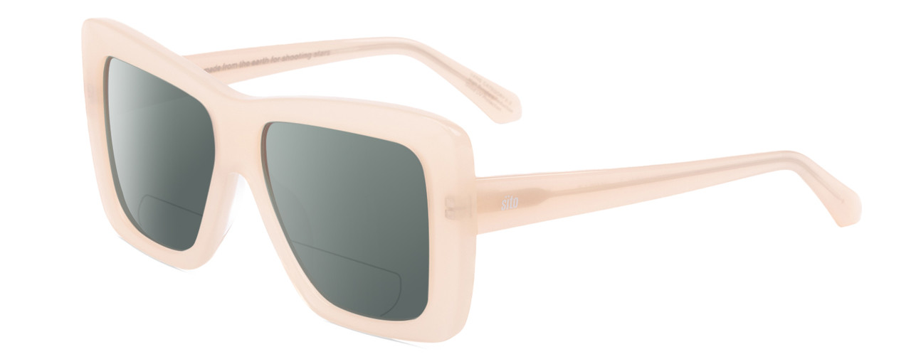 Profile View of SITO SHADES PAPILLION Designer Polarized Reading Sunglasses with Custom Cut Powered Smoke Grey Lenses in Vanilla Pink Crystal Ladies Square Full Rim Acetate 56 mm