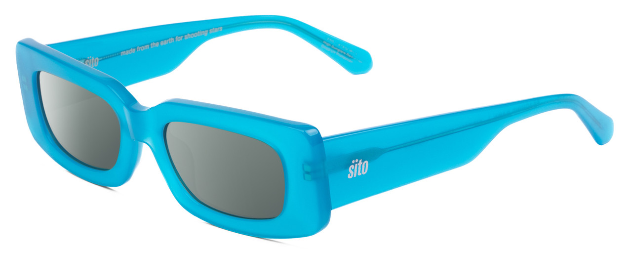 Profile View of SITO SHADES REACHING DAWN Designer Polarized Sunglasses with Custom Cut Smoke Grey Lenses in Caribbean Frost Blue Ladies Square Full Rim Acetate 51 mm