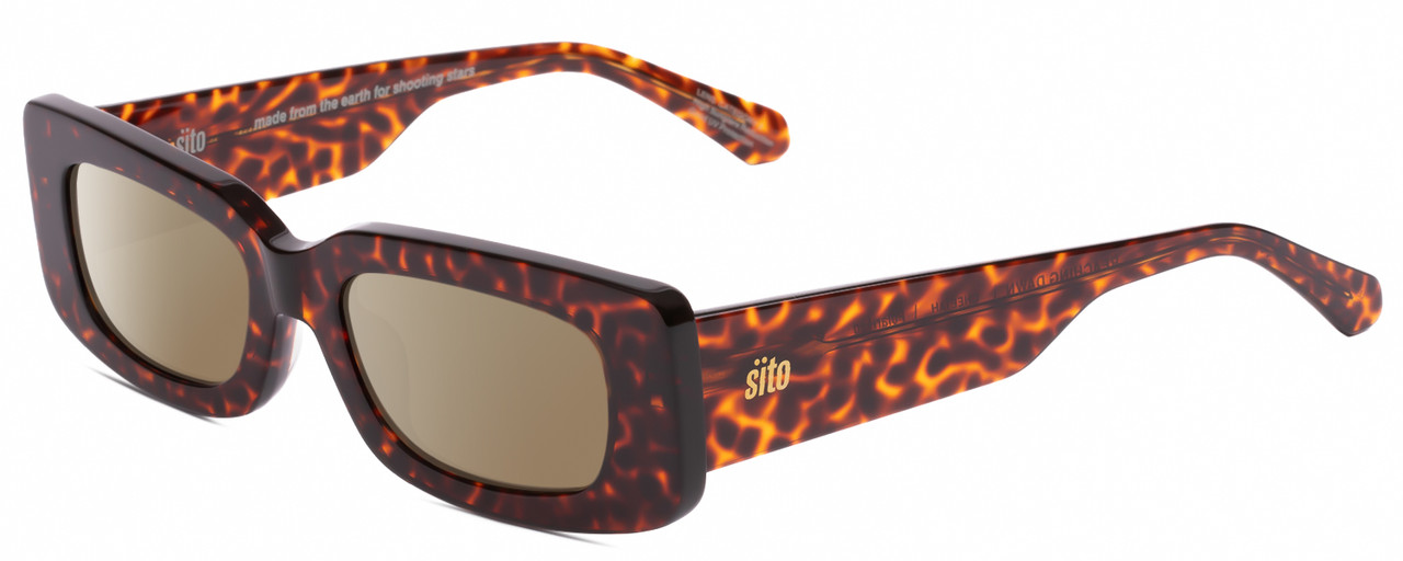 Profile View of SITO SHADES REACHING DAWN Designer Polarized Sunglasses with Custom Cut Amber Brown Lenses in Amber Cheetah Ladies Square Full Rim Acetate 51 mm