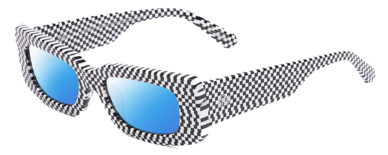 Profile View of SITO SHADES REACHING DAWN Designer Polarized Sunglasses with Custom Cut Blue Mirror Lenses in Optic Black White Checker Print Ladies Square Full Rim Acetate 51 mm