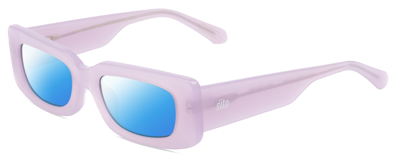 Profile View of SITO SHADES REACHING DAWN Designer Polarized Sunglasses with Custom Cut Blue Mirror Lenses in Wild Orchid Purple Crystal Ladies Square Full Rim Acetate 51 mm
