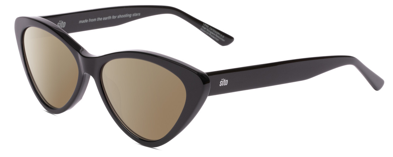 Profile View of SITO SHADES SEDUCTION Designer Polarized Sunglasses with Custom Cut Amber Brown Lenses in Black Ladies Cat Eye Full Rim Acetate 57 mm