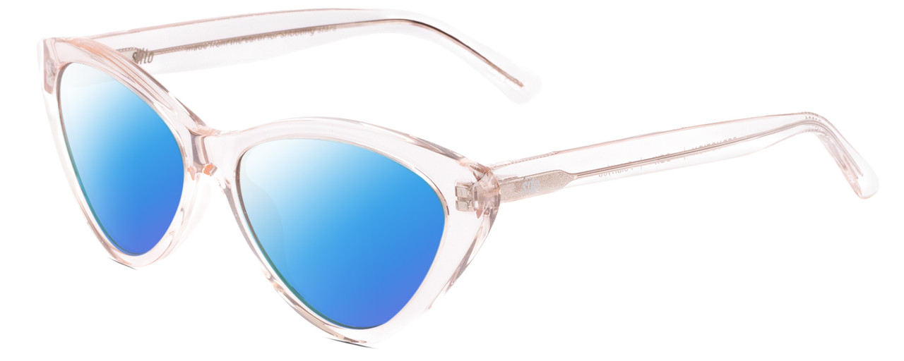 Profile View of SITO SHADES SEDUCTION Designer Polarized Sunglasses with Custom Cut Blue Mirror Lenses in Dew Clear Pink Crystal Ladies Cat Eye Full Rim Acetate 57 mm