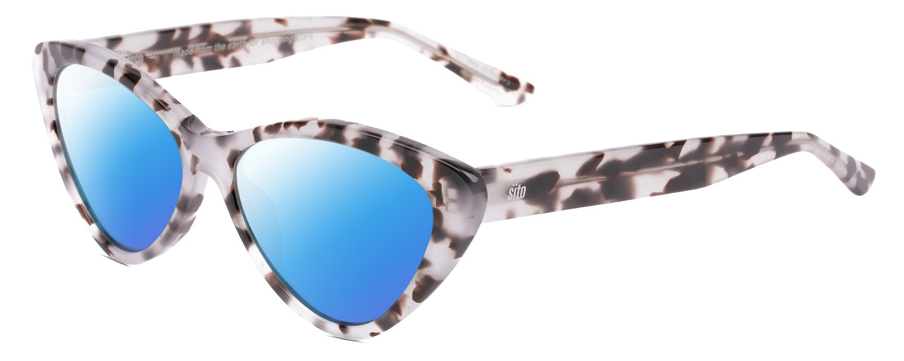 Profile View of SITO SHADES SEDUCTION Designer Polarized Sunglasses with Custom Cut Blue Mirror Lenses in Snow White Brown Tortoise Havana Ladies Cat Eye Full Rim Acetate 57 mm