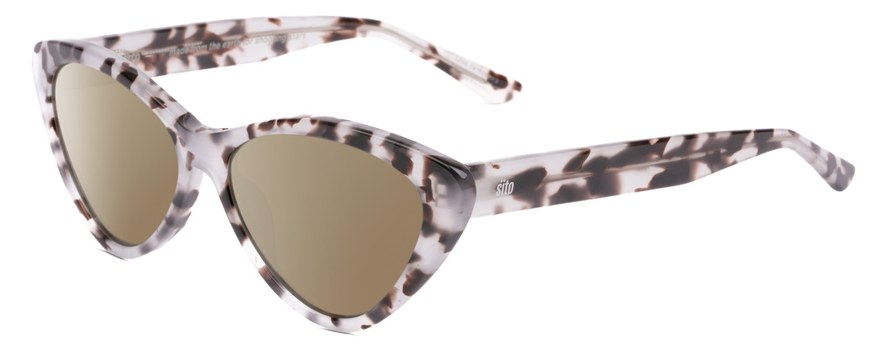 Profile View of SITO SHADES SEDUCTION Designer Polarized Sunglasses with Custom Cut Amber Brown Lenses in Snow White Brown Tortoise Havana Ladies Cat Eye Full Rim Acetate 57 mm