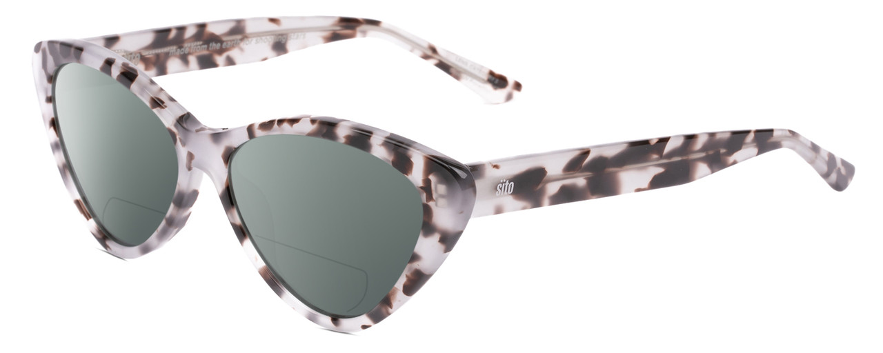 Profile View of SITO SHADES SEDUCTION Designer Polarized Reading Sunglasses with Custom Cut Powered Smoke Grey Lenses in Snow White Brown Tortoise Havana Ladies Cat Eye Full Rim Acetate 57 mm