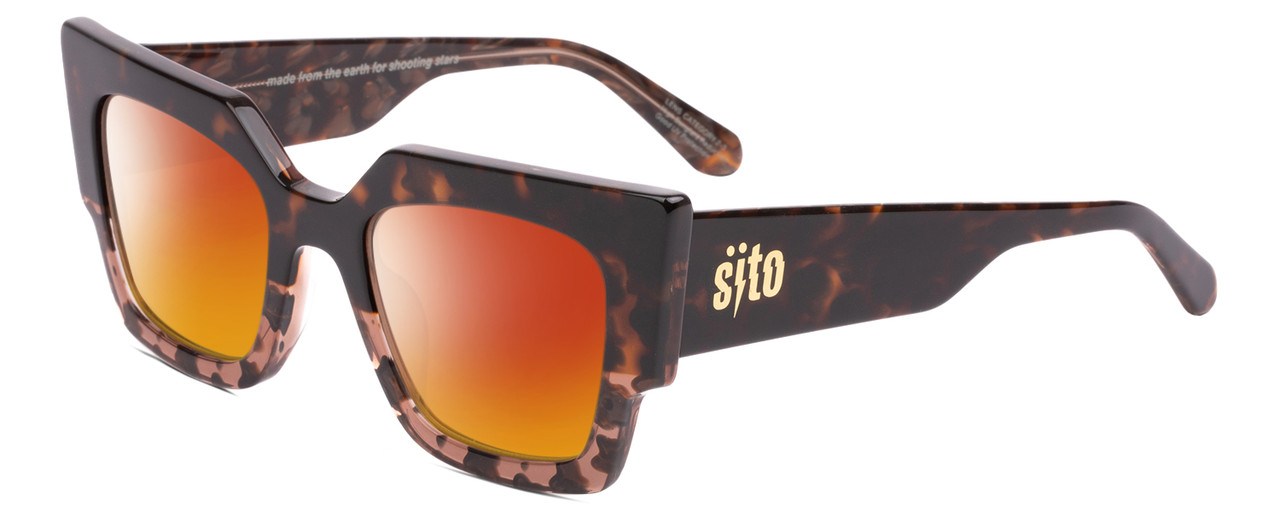 Profile View of SITO SHADES SENSORY DIVISION Designer Polarized Sunglasses with Custom Cut Red Mirror Lenses in Quartz Tortoise Havana Ladies Cat Eye Full Rim Acetate 53 mm