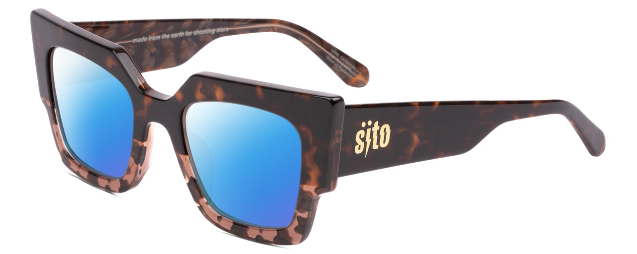 Profile View of SITO SHADES SENSORY DIVISION Designer Polarized Sunglasses with Custom Cut Blue Mirror Lenses in Quartz Tortoise Havana Ladies Cat Eye Full Rim Acetate 53 mm