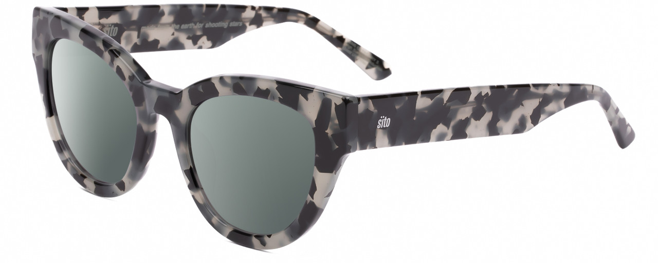 Profile View of SITO SHADES SOUL FUSION Designer Polarized Sunglasses with Custom Cut Smoke Grey Lenses in Black Grey Tortoise Ladies Round Full Rim Acetate 51 mm