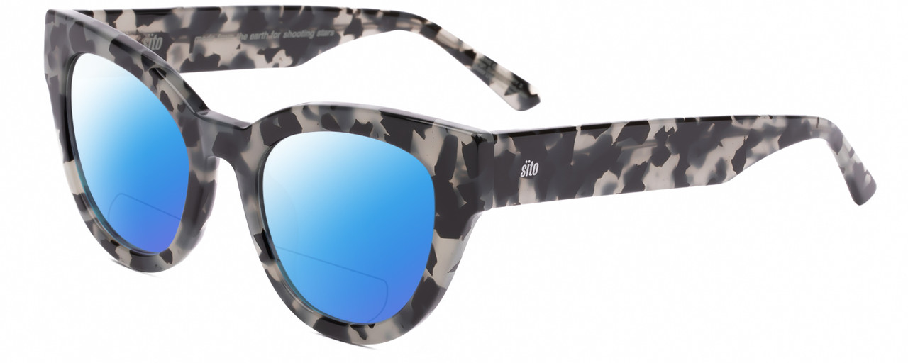 Profile View of SITO SHADES SOUL FUSION Designer Polarized Reading Sunglasses with Custom Cut Powered Blue Mirror Lenses in Black Grey Tortoise Ladies Round Full Rim Acetate 51 mm