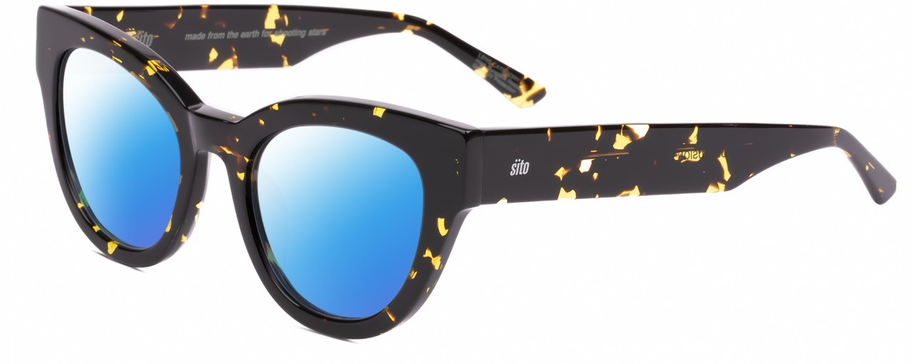 Profile View of SITO SHADES SOUL FUSION Designer Polarized Sunglasses with Custom Cut Blue Mirror Lenses in Limeade Black Yellow Tortoise Ladies Round Full Rim Acetate 51 mm