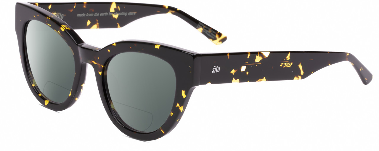 Profile View of SITO SHADES SOUL FUSION Designer Polarized Reading Sunglasses with Custom Cut Powered Smoke Grey Lenses in Limeade Black Yellow Tortoise Ladies Round Full Rim Acetate 51 mm