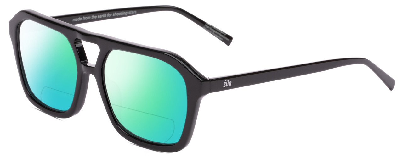 Profile View of SITO SHADES THE VOID Designer Polarized Reading Sunglasses with Custom Cut Powered Green Mirror Lenses in Black Unisex Pilot Full Rim Acetate 56 mm