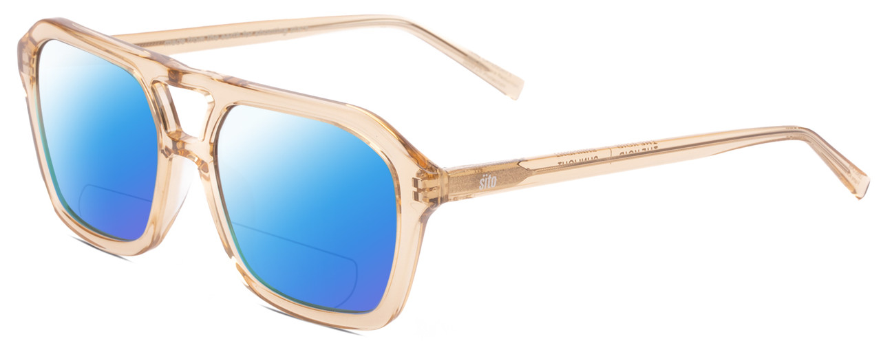 Profile View of SITO SHADES THE VOID Designer Polarized Reading Sunglasses with Custom Cut Powered Blue Mirror Lenses in Sunlight Yellow Crystal Unisex Pilot Full Rim Acetate 56 mm