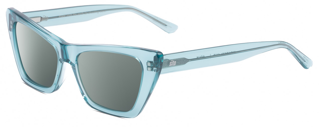 Profile View of SITO SHADES WONDERLAND Designer Polarized Sunglasses with Custom Cut Smoke Grey Lenses in Aqua Blue Crystal Ladies Cat Eye Full Rim Acetate 54 mm