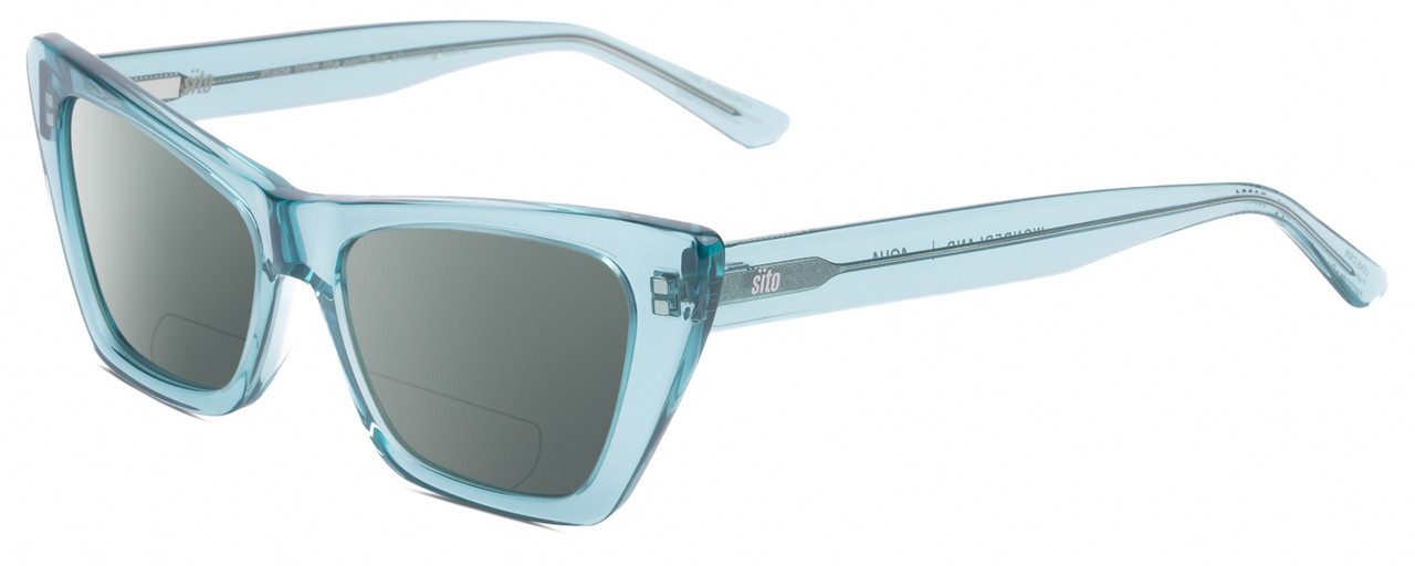 Profile View of SITO SHADES WONDERLAND Designer Polarized Reading Sunglasses with Custom Cut Powered Smoke Grey Lenses in Aqua Blue Crystal Ladies Cat Eye Full Rim Acetate 54 mm