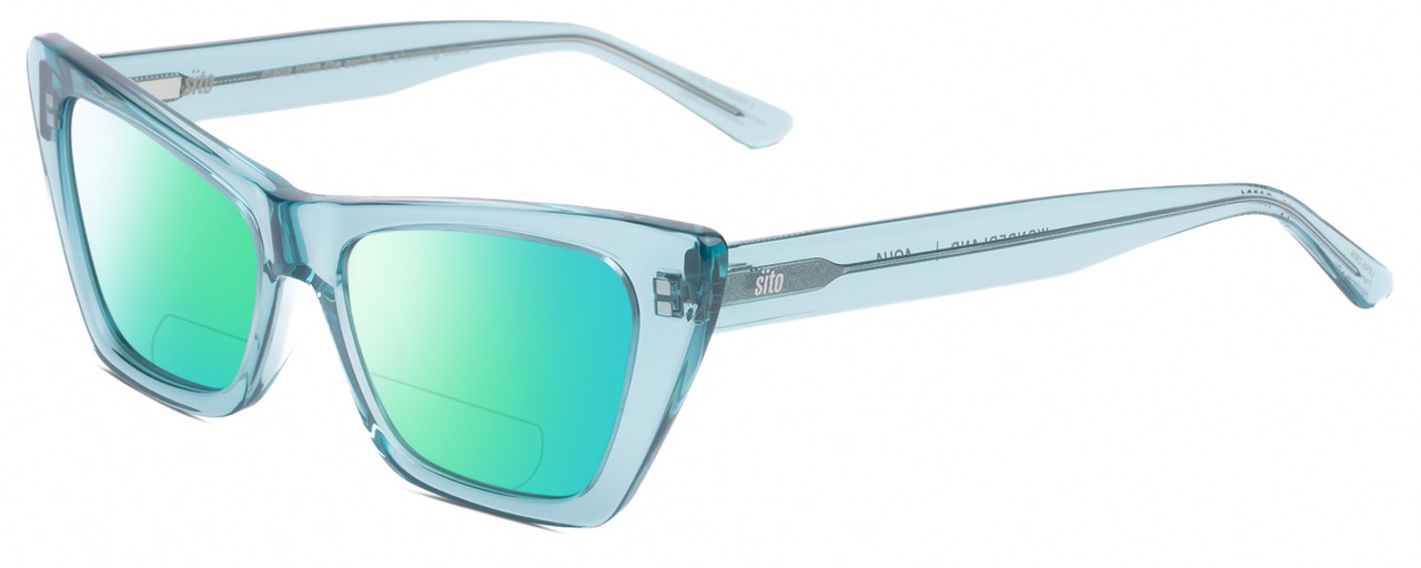 Profile View of SITO SHADES WONDERLAND Designer Polarized Reading Sunglasses with Custom Cut Powered Green Mirror Lenses in Aqua Blue Crystal Ladies Cat Eye Full Rim Acetate 54 mm