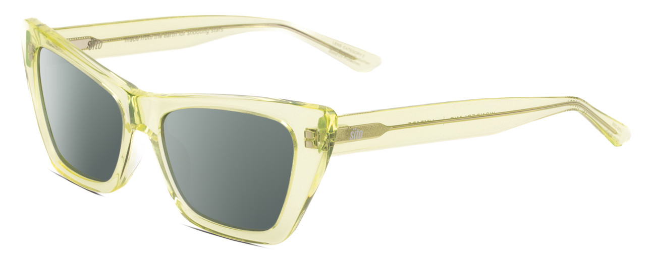 Profile View of SITO SHADES WONDERLAND Designer Polarized Sunglasses with Custom Cut Smoke Grey Lenses in Limeade Green Crystal Ladies Cat Eye Full Rim Acetate 54 mm