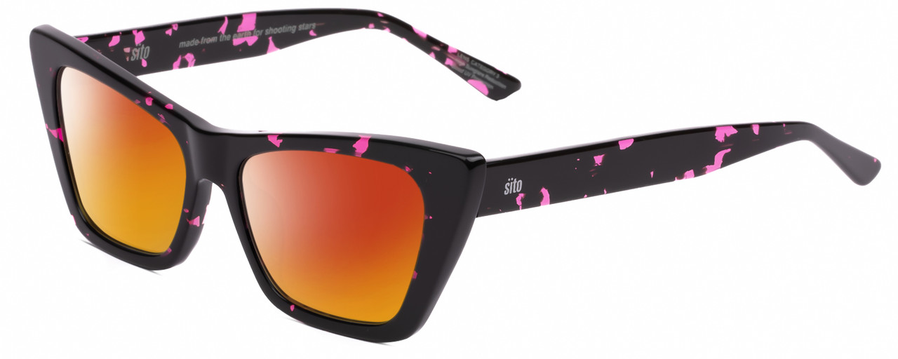 Profile View of SITO SHADES WONDERLAND Designer Polarized Sunglasses with Custom Cut Red Mirror Lenses in Paradise Black Purple Tortoise Ladies Cat Eye Full Rim Acetate 54 mm