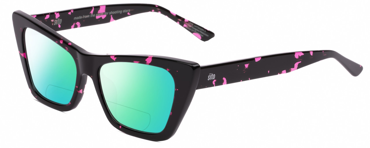 Profile View of SITO SHADES WONDERLAND Designer Polarized Reading Sunglasses with Custom Cut Powered Green Mirror Lenses in Paradise Black Purple Tortoise Ladies Cat Eye Full Rim Acetate 54 mm