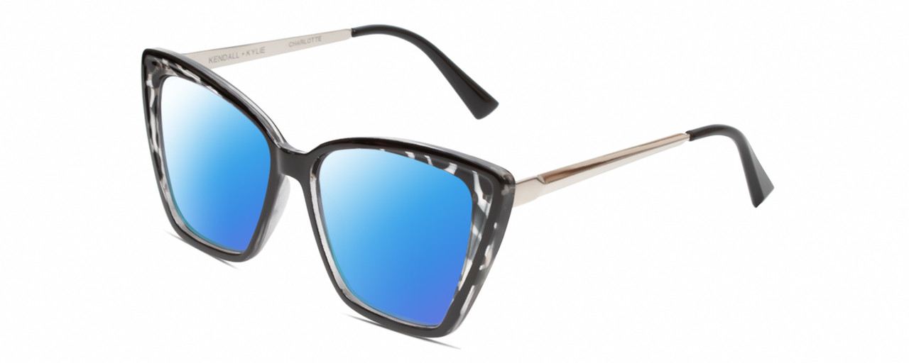 Profile View of Kendall+Kylie KK5126 CHARLOTTE Designer Polarized Sunglasses with Custom Cut Blue Mirror Lenses in Marble Black Clear Crystal Silver Ladies Cat Eye Full Rim Acetate 54 mm