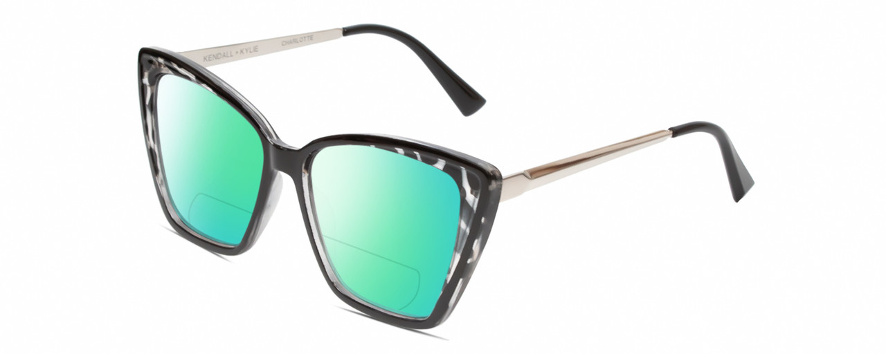 Profile View of Kendall+Kylie KK5126 CHARLOTTE Designer Polarized Reading Sunglasses with Custom Cut Powered Green Mirror Lenses in Marble Black Clear Crystal Silver Ladies Cat Eye Full Rim Acetate 54 mm