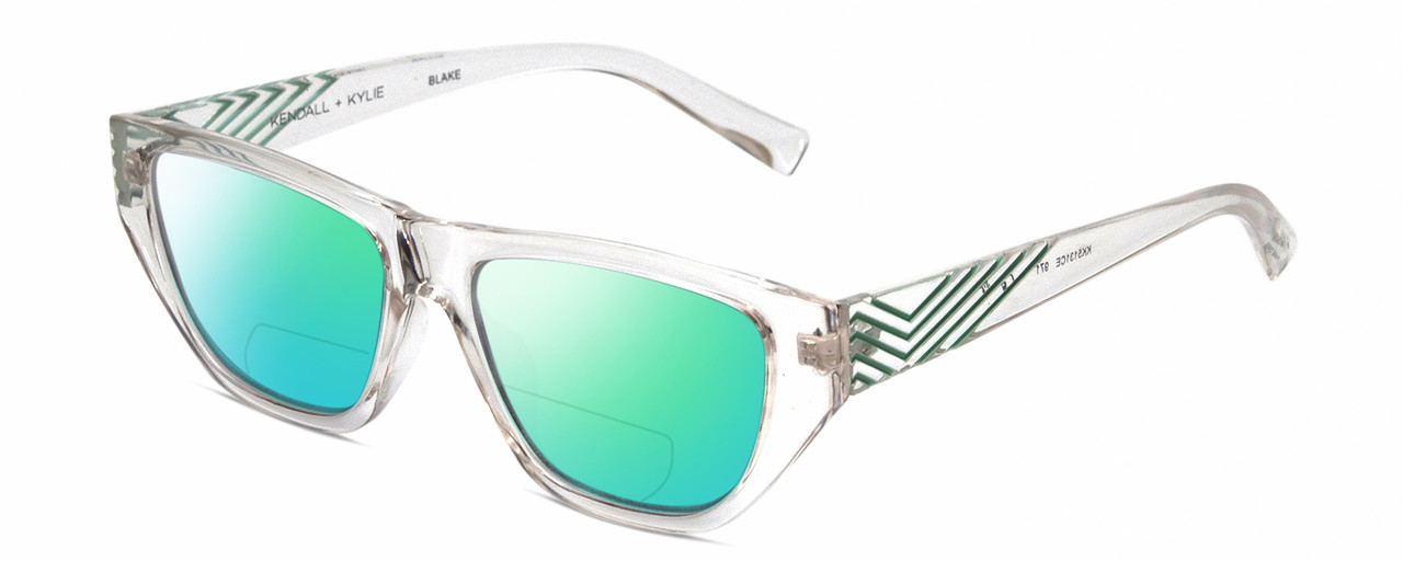 Profile View of Kendall+Kylie KK5131CE BLAKE Designer Polarized Reading Sunglasses with Custom Cut Powered Green Mirror Lenses in Clear Crystal Teal Ladies Rectangular Full Rim Acetate 54 mm