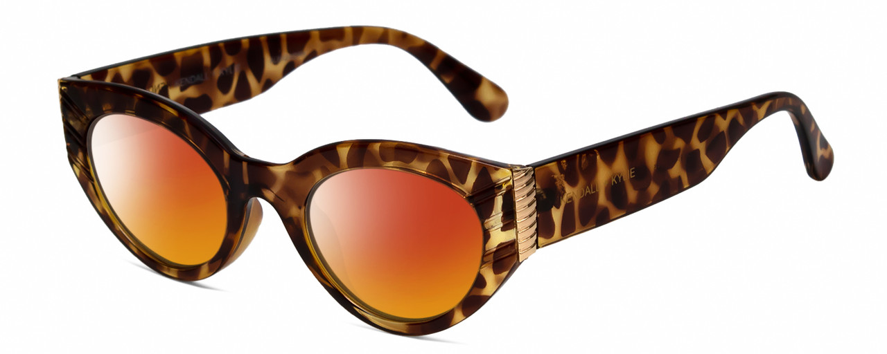 Profile View of Kendall+Kylie KK5143CE ALEXANDRA Designer Polarized Sunglasses with Custom Cut Red Mirror Lenses in Amber Demi Tortoise Havana Crystal Gold Ladies Cat Eye Full Rim Acetate 49 mm