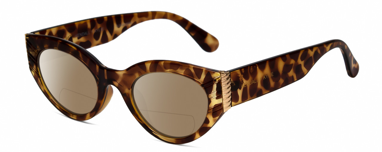 Profile View of Kendall+Kylie KK5143CE ALEXANDRA Designer Polarized Reading Sunglasses with Custom Cut Powered Amber Brown Lenses in Amber Demi Tortoise Havana Crystal Gold Ladies Cat Eye Full Rim Acetate 49 mm