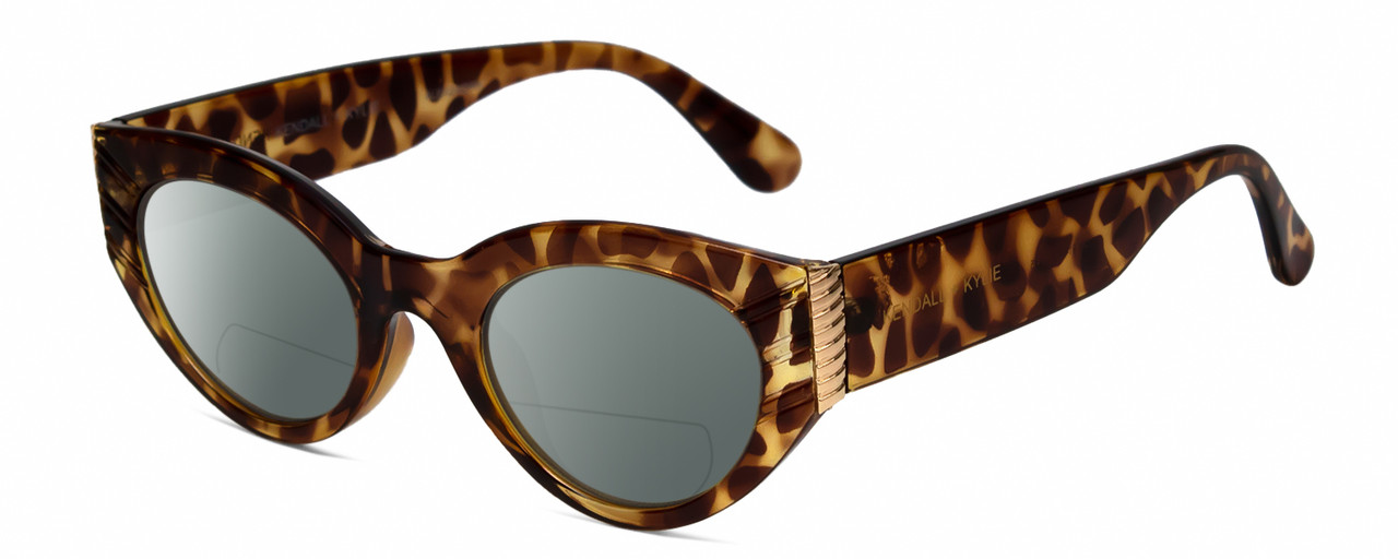 Profile View of Kendall+Kylie KK5143CE ALEXANDRA Designer Polarized Reading Sunglasses with Custom Cut Powered Smoke Grey Lenses in Amber Demi Tortoise Havana Crystal Gold Ladies Cat Eye Full Rim Acetate 49 mm