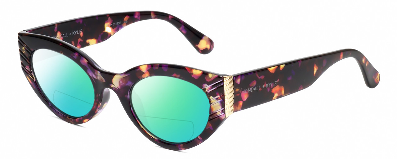 Profile View of Kendall+Kylie KK5143CE ALEXANDRA Designer Polarized Reading Sunglasses with Custom Cut Powered Green Mirror Lenses in Violet Demi Tortoise Havana Crystal Gold Ladies Cat Eye Full Rim Acetate 49 mm