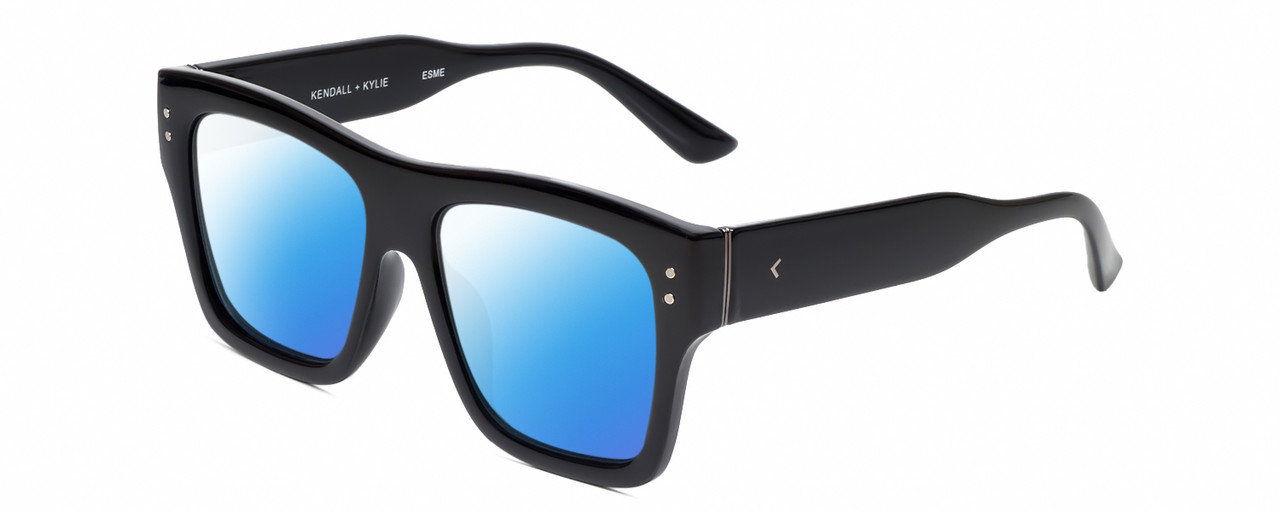 Profile View of Kendall+Kylie KK5147CE ESME Designer Polarized Sunglasses with Custom Cut Blue Mirror Lenses in Gloss Black Ladies Square Full Rim Acetate 53 mm