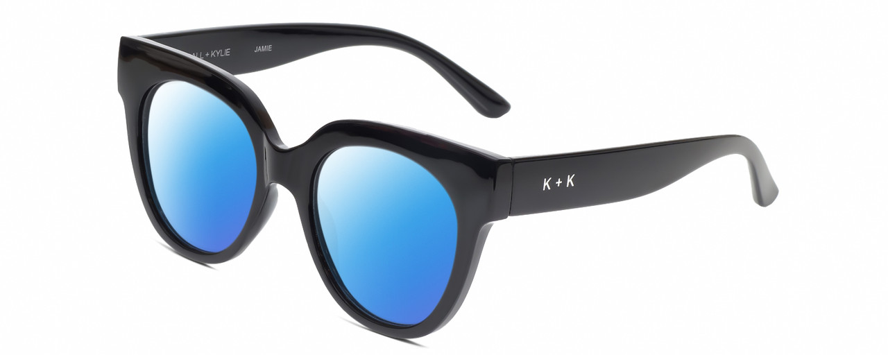 Profile View of Kendall+Kylie KK5149CE JAMIE Designer Polarized Sunglasses with Custom Cut Blue Mirror Lenses in Gloss Black Ladies Round Full Rim Acetate 51 mm