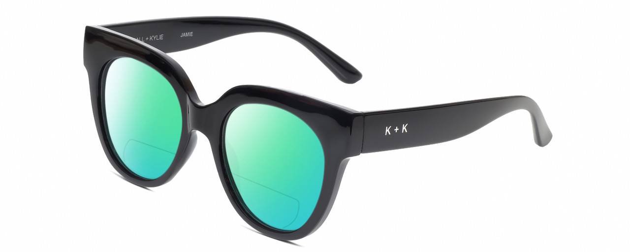 Profile View of Kendall+Kylie KK5149CE JAMIE Designer Polarized Reading Sunglasses with Custom Cut Powered Green Mirror Lenses in Gloss Black Ladies Round Full Rim Acetate 51 mm