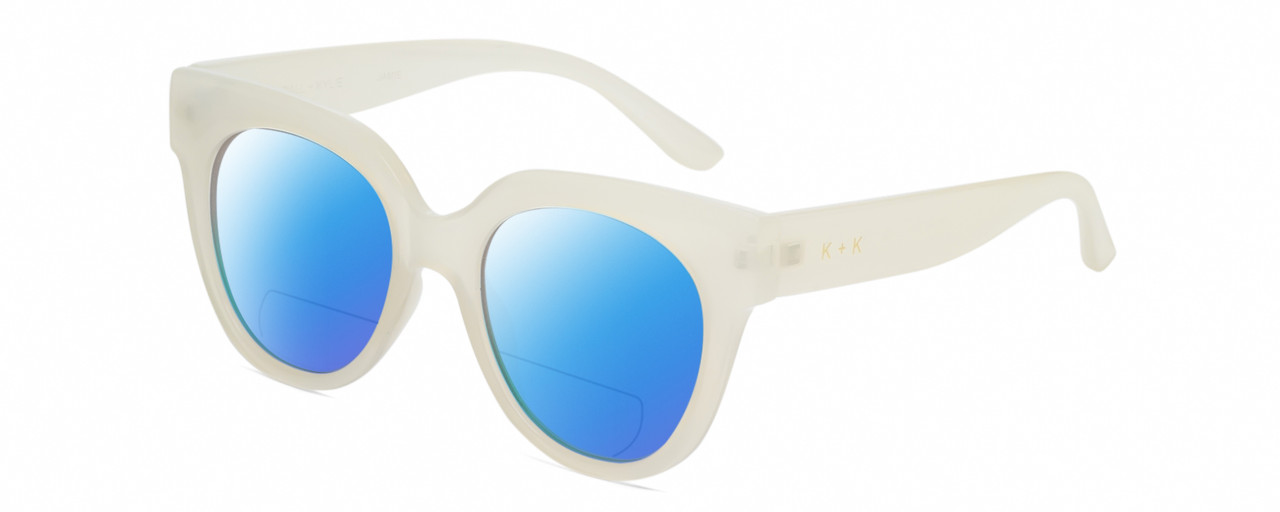 Profile View of Kendall+Kylie KK5149CE JAMIE Designer Polarized Reading Sunglasses with Custom Cut Powered Blue Mirror Lenses in Milky Beige Crystal Ladies Round Full Rim Acetate 51 mm