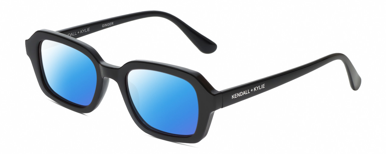 Profile View of Kendall+Kylie KK5152CE GINGER Designer Polarized Sunglasses with Custom Cut Blue Mirror Lenses in Gloss Black Ladies Hexagonal Full Rim Acetate 50 mm