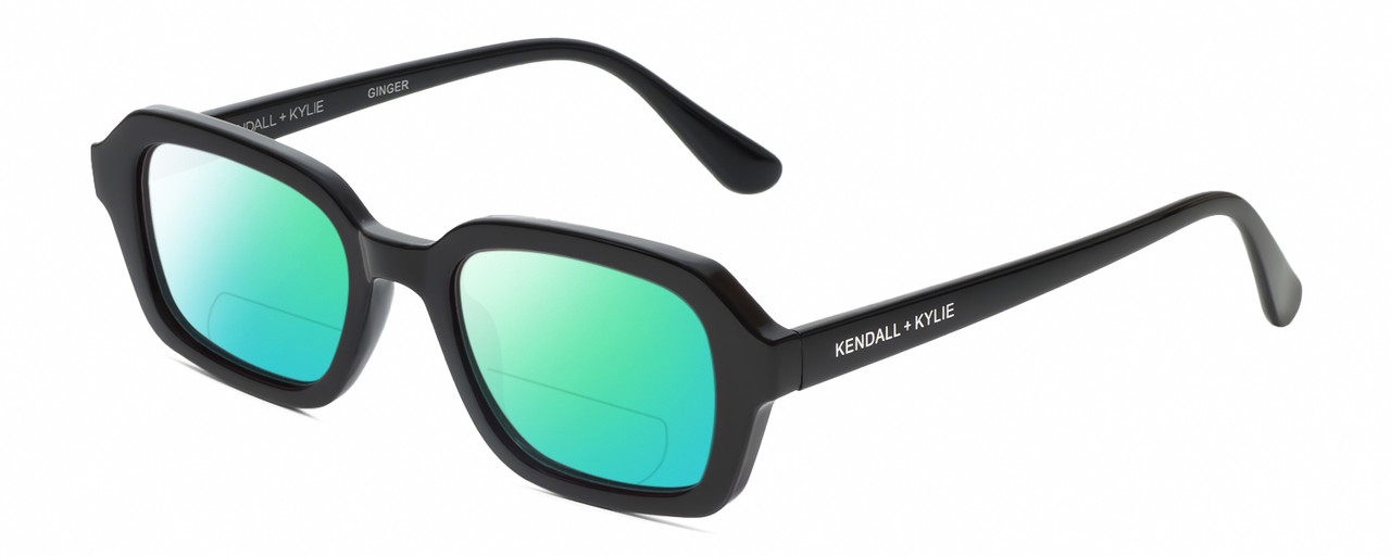 Profile View of Kendall+Kylie KK5152CE GINGER Designer Polarized Reading Sunglasses with Custom Cut Powered Green Mirror Lenses in Gloss Black Ladies Hexagonal Full Rim Acetate 50 mm