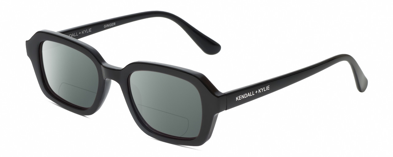 Profile View of Kendall+Kylie KK5152CE GINGER Designer Polarized Reading Sunglasses with Custom Cut Powered Smoke Grey Lenses in Gloss Black Ladies Hexagonal Full Rim Acetate 50 mm