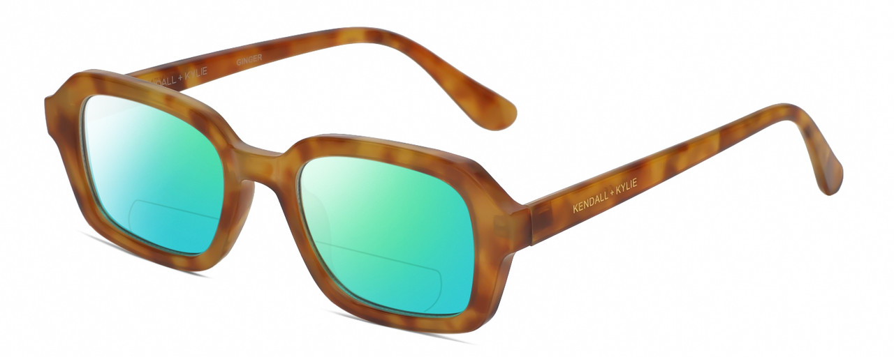 Profile View of Kendall+Kylie KK5152CE GINGER Designer Polarized Reading Sunglasses with Custom Cut Powered Green Mirror Lenses in Golden Demi Tortoise Havana Ladies Hexagonal Full Rim Acetate 50 mm