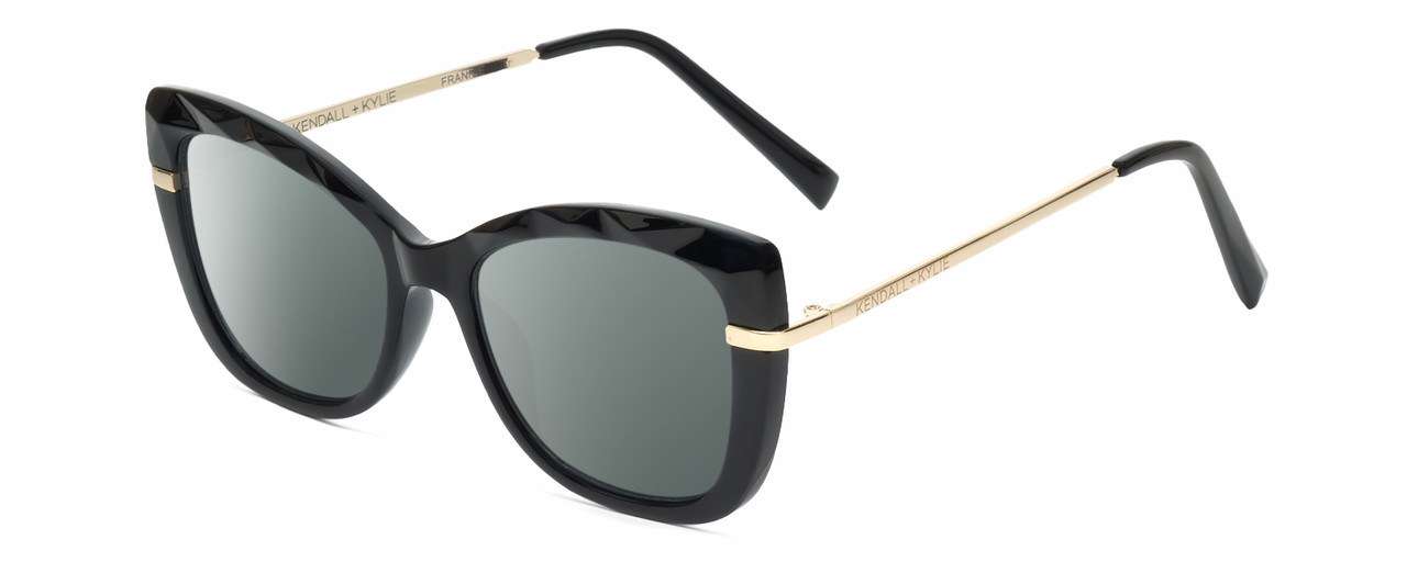 Profile View of Kendall+Kylie KK5156CE FRANNIE Designer Polarized Sunglasses with Custom Cut Smoke Grey Lenses in Gloss Black Gold Ladies Cat Eye Full Rim Acetate 52 mm