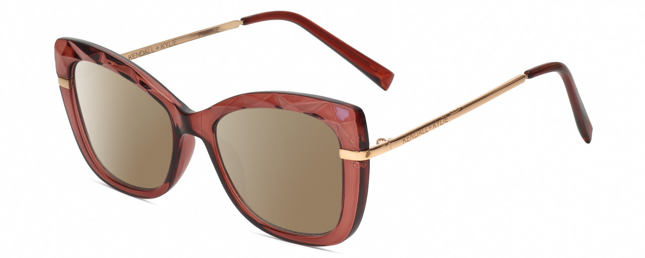 Profile View of Kendall+Kylie KK5156CE FRANNIE Designer Polarized Sunglasses with Custom Cut Amber Brown Lenses in Blush Pink Crystal Rose Gold Ladies Cat Eye Full Rim Acetate 52 mm