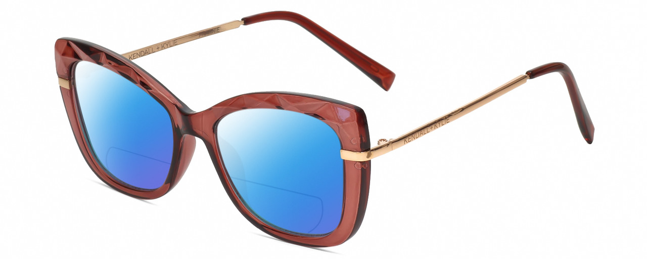 Profile View of Kendall+Kylie KK5156CE FRANNIE Designer Polarized Reading Sunglasses with Custom Cut Powered Blue Mirror Lenses in Blush Pink Crystal Rose Gold Ladies Cat Eye Full Rim Acetate 52 mm