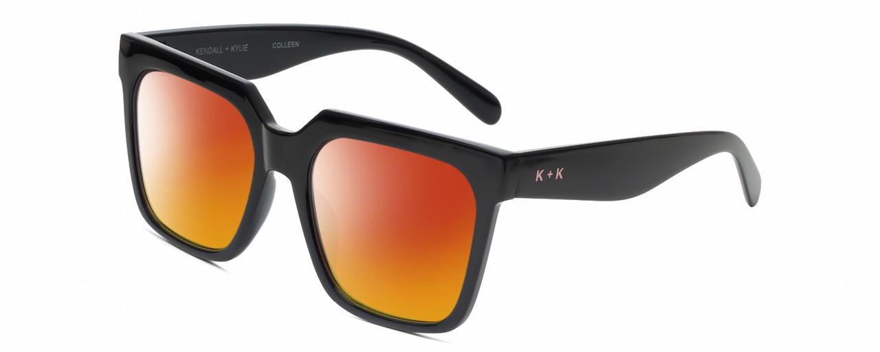 Profile View of Kendall+Kylie KK5160CE COLLEEN Designer Polarized Sunglasses with Custom Cut Red Mirror Lenses in Gloss Black Ladies Square Full Rim Acetate 54 mm