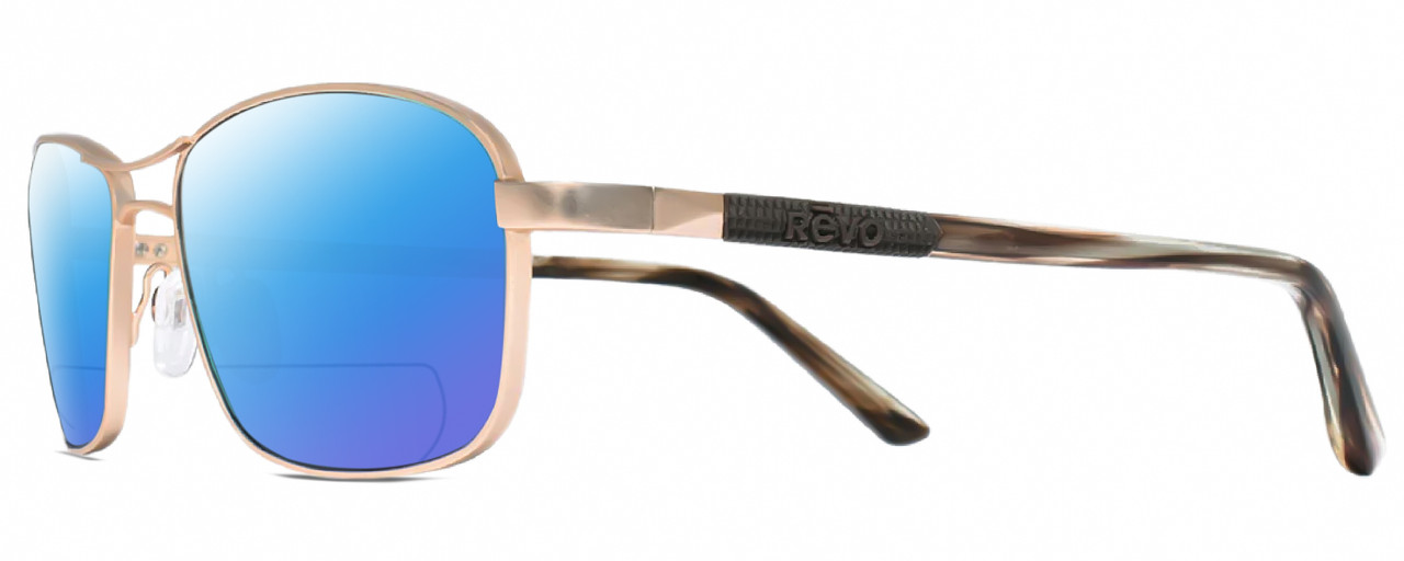 Profile View of REVO CLIVE Designer Polarized Reading Sunglasses with Custom Cut Powered Blue Mirror Lenses in Satin Gold Brown Mens Oval Full Rim Metal 58 mm