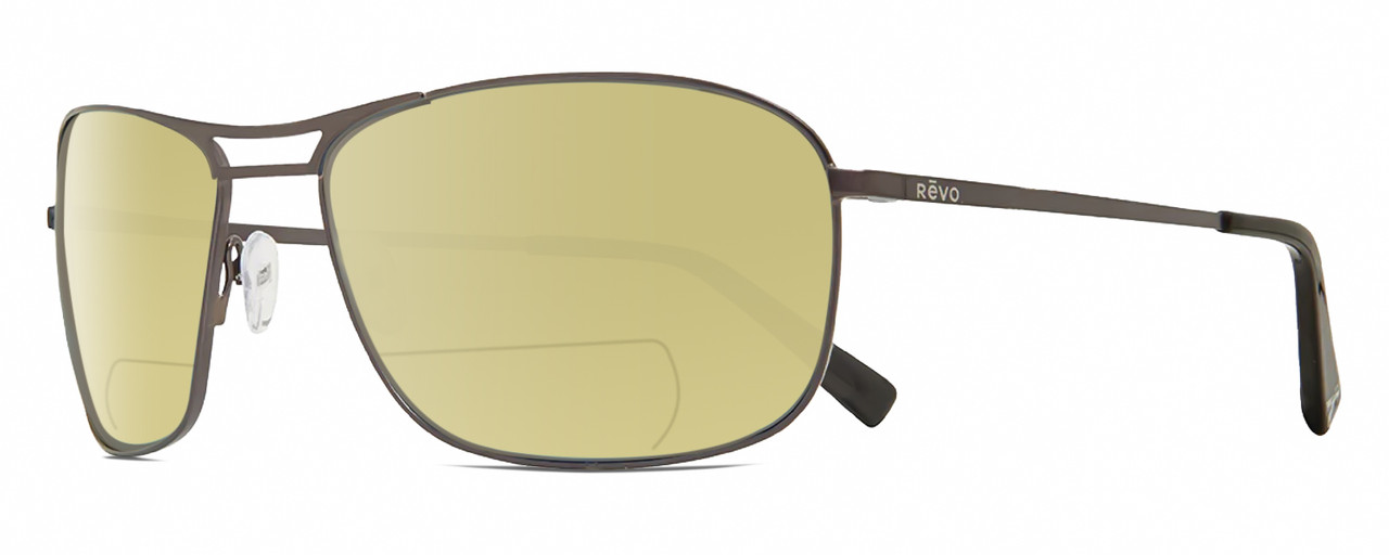 Profile View of REVO SURGE Designer Polarized Reading Sunglasses with Custom Cut Powered Sun Flower Yellow Lenses in Matte Gunmetal Black Mens Rectangular Full Rim Metal 62 mm