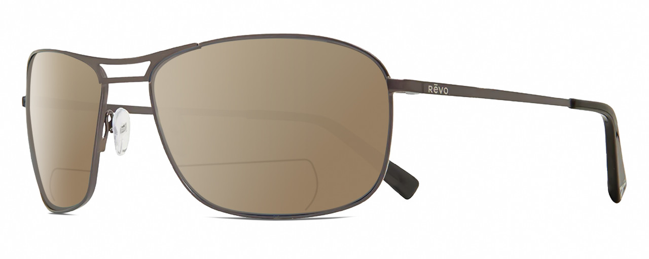 Profile View of REVO SURGE Designer Polarized Reading Sunglasses with Custom Cut Powered Amber Brown Lenses in Matte Gunmetal Black Mens Rectangular Full Rim Metal 62 mm